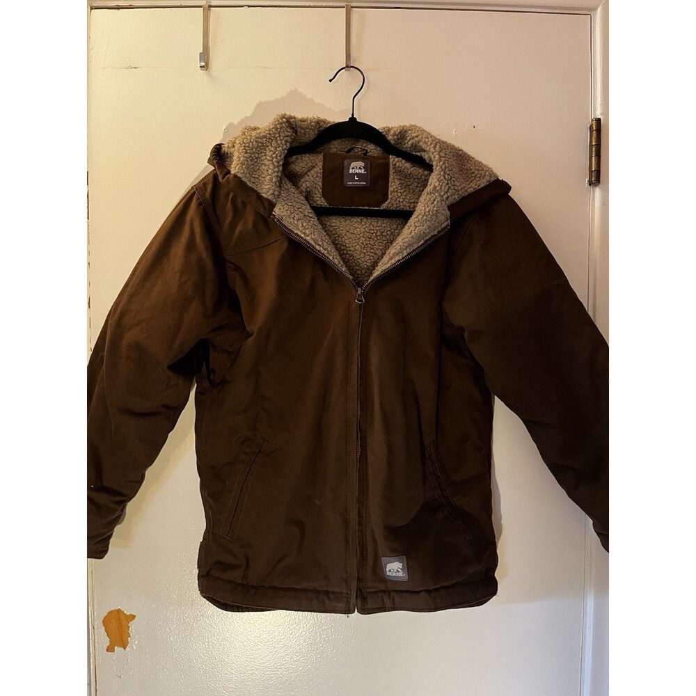 Berne Men's Brown Duck Canvas Sherpa-Lined Hooded Work Jacket - Large